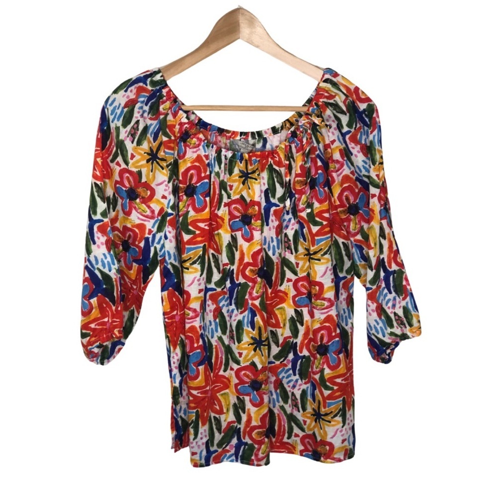 Hester & Orchard 3/4 Sleeve Multicolor Pop-Art Floral Peasant Summer Top Size XL - Picture 2 of 8
